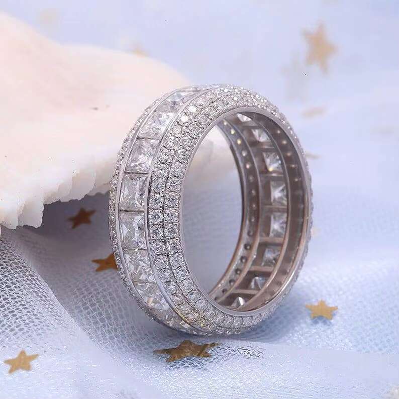 Iced Out VVS Moissanite Full Diamond Round Princess Ring 10K 14K 18K Gold Luxury Hip Hop Style Mens Wedding Ring for Women