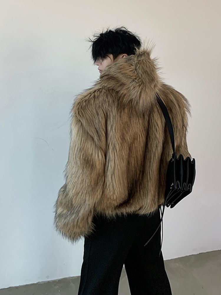 Mens Jackets Hip Hop PU Leather Jacket Handsome Mens Fur One-Piece Imitation Fur Jacket