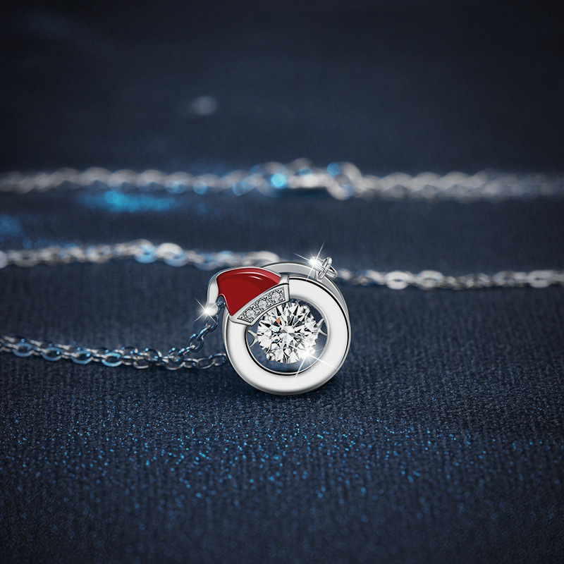 S925 Sterling Silver Moissanite Santa Hat Pendant Necklace Holiday Gift Minimalist Circle Jewelry for Women