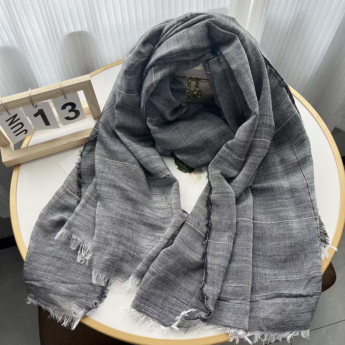 T646 Japanese and Korean style spring and summer thin solid color cotton and linen scarf simple plaid silk scarf clothing with tassel shawl