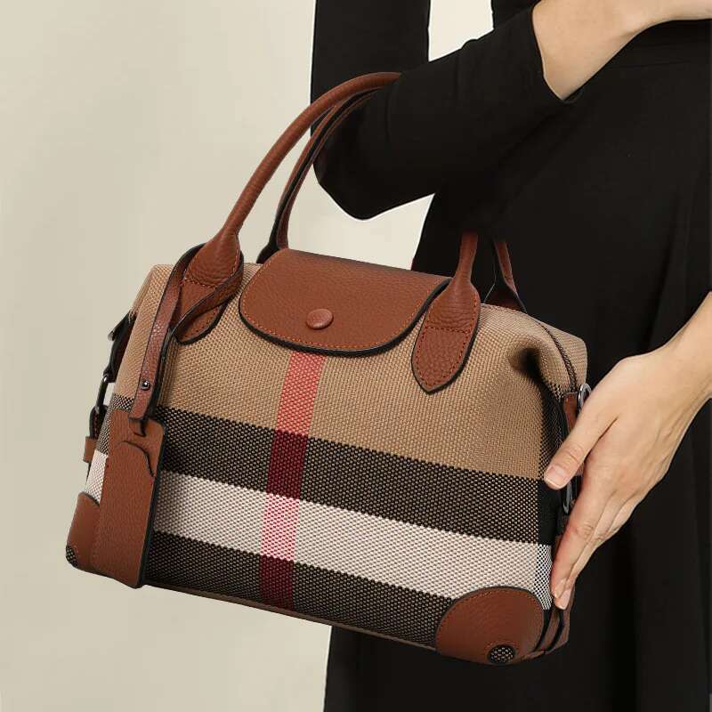 Aidran Exquisite women's bag, Boston bag with canvas and leather ingRetro plaid handbag for daily commute novelty of 2024