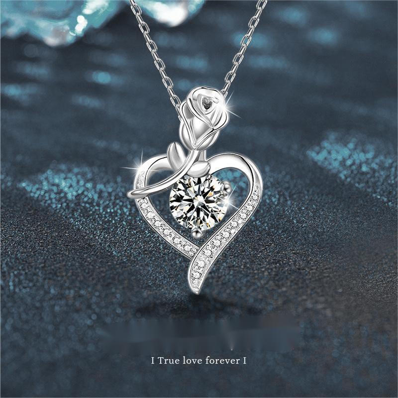 925 Sterling Silver Heart Shaped Rose Pendant Necklace for Women with Moissanite Diamond - High-End Look