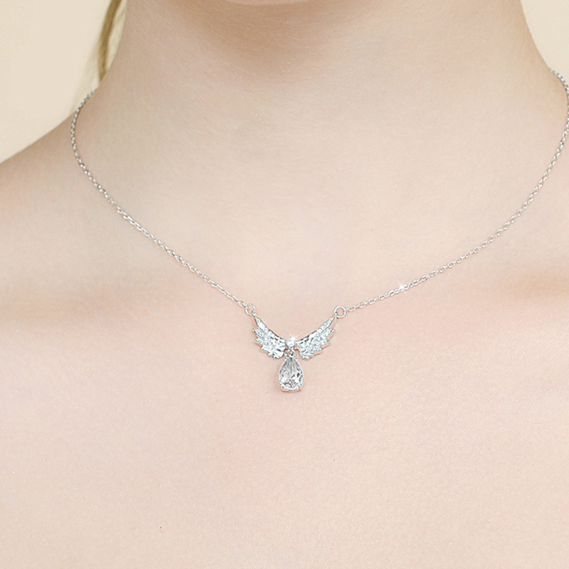 S925 Sterling Silver Angel Wings Moissanite Necklace for Women, Elegant Teardrop Pendant, Dainty Gift Clavicle Chain for Girlfriend