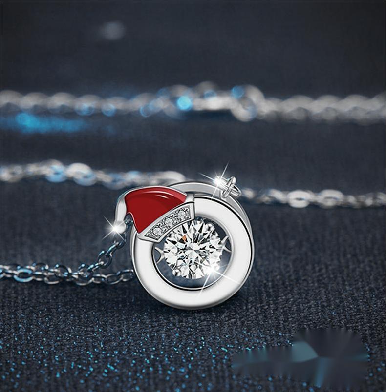 S925 Sterling Silver Moissanite Santa Hat Pendant Necklace Holiday Gift Minimalist Circle Jewelry for Women