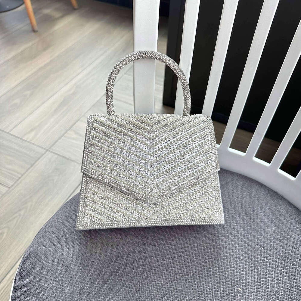 Dinner Bag New Sparkling Diamond Pearl Face Dinner Handbag Formal Dress Evening Dress Flip Cover Small Square Bag KTV Princess Bag KQ
