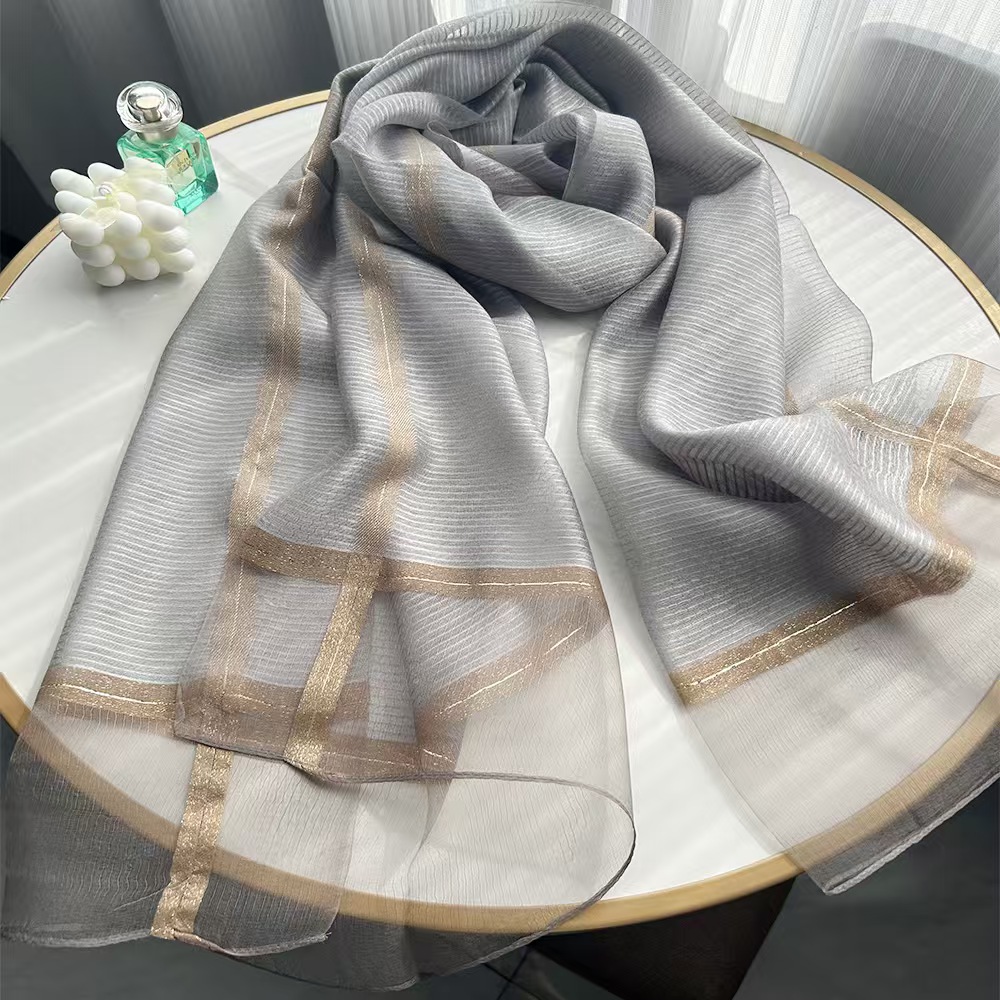T648 mulberry silk border wide gold edge silk scarf plaid tie bag scarf sunscreen scarf high-end