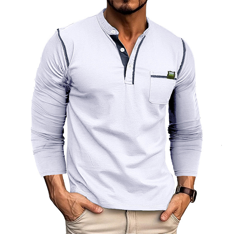 2024 men's long sleeved Henley shirt color blocked knit T-shirt for men