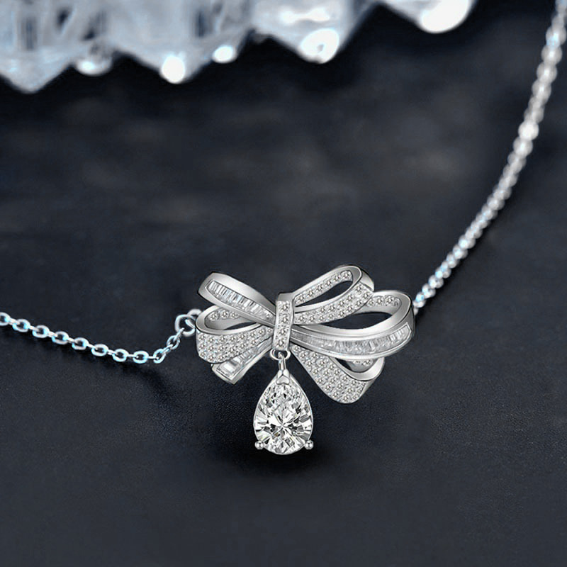 Elegant Bowknot Moissanite Necklace with Teardrop Pendant, S925 Sterling Silver Chain for Women, Romantic Gift for Qixi or Anniversary