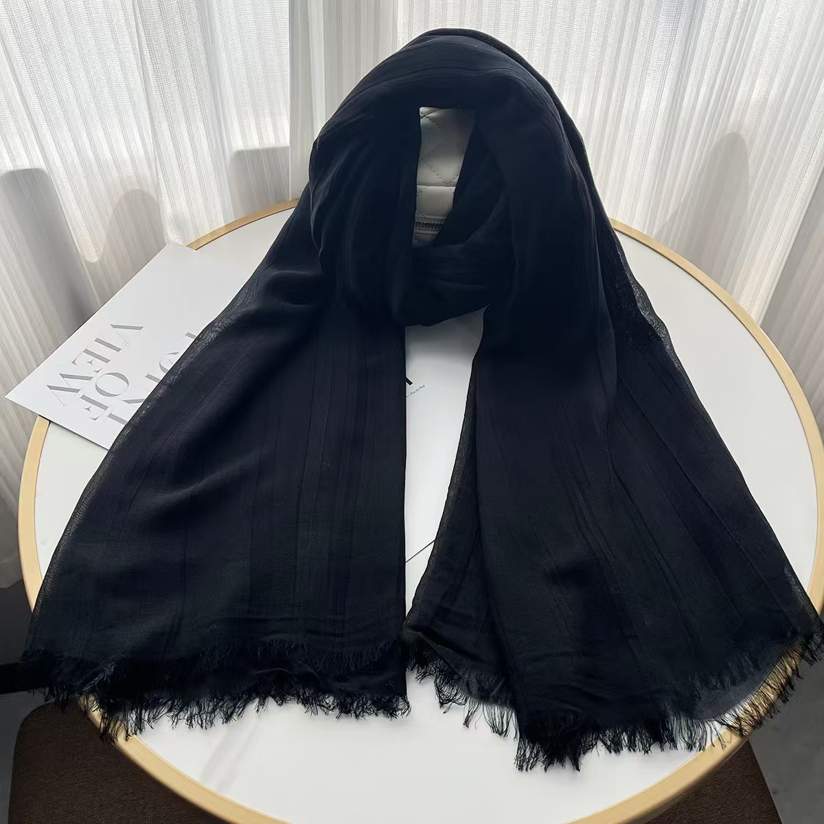 T652 scarf women's spring and autumn thin literary style retro pleated men's modal scarf solid color shawl