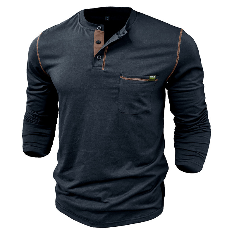 2024 men's long sleeved Henley shirt color blocked knit T-shirt for men