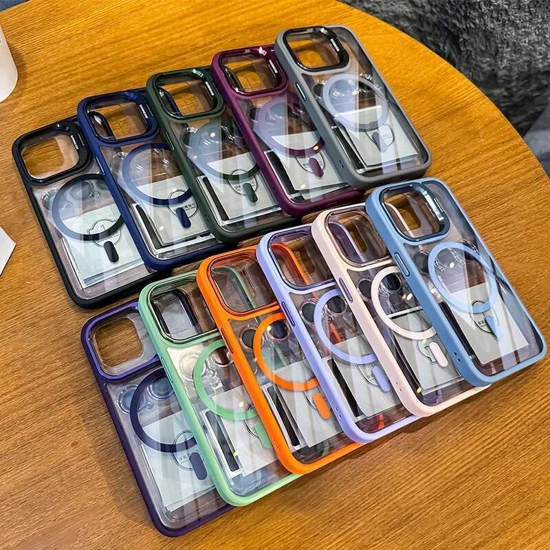 Magnetic Shockproof Phone Case For iPhone15 14 13 12 11 Pro Max Plus Funda Stand Glass Lens Protection Back Cover