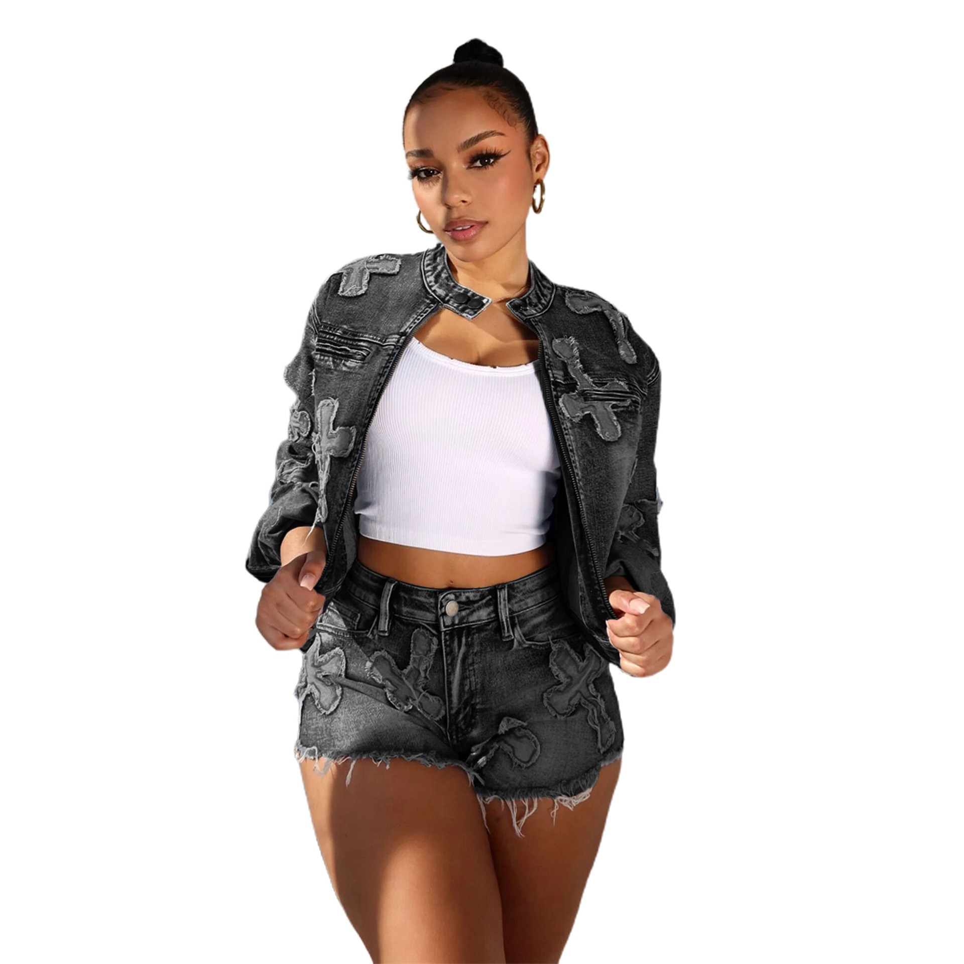 CNLONGBIDA Womens Tracksuits Sexy Denim Jean 2 Piece Matching Pant Set Outfits Summer Women Clothes Y2K Biker Shorts Suits Sets Cropped Tops