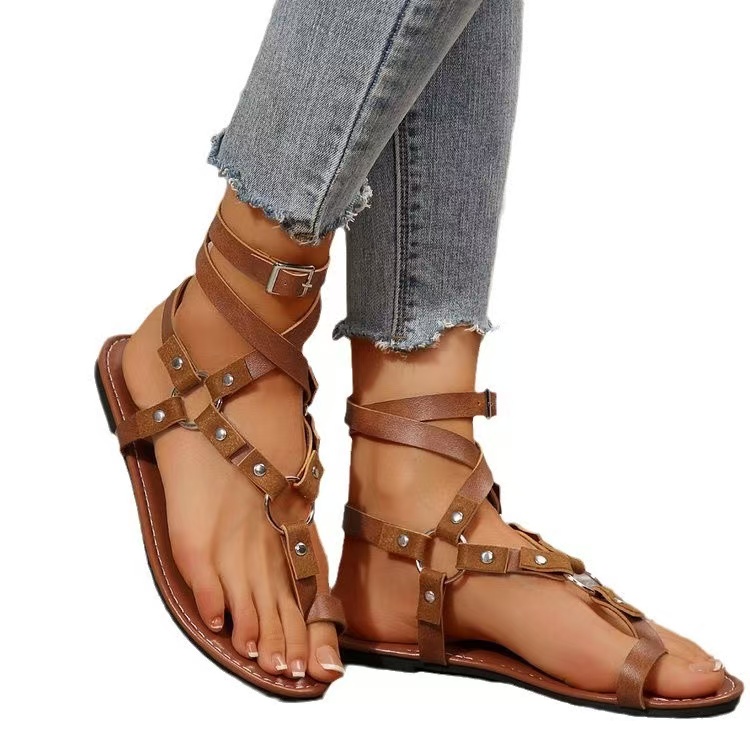 Summer New Fashion Solid Sexy Buckle Strap Retro Flat Lace Up Women Shoes Casual Beach Ladies Plus Size New Sandals 7105