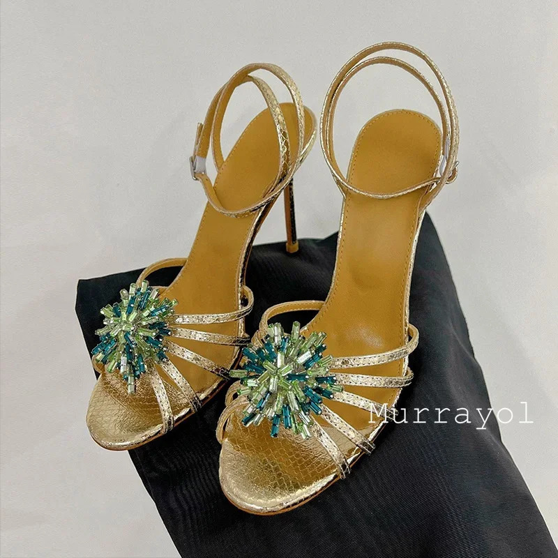 Water Diamond Flower Decorative Thin High Heels Sandals Genuine Leather Strip n Summer Party Dress Shoes 250428