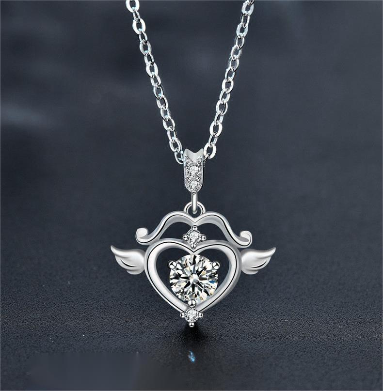 S925 Sterling Silver Cupid Arrow Heart Moissanite Necklace for Women, Dainty Pendant with Wings, Creative Gift for Anniversary or 520
