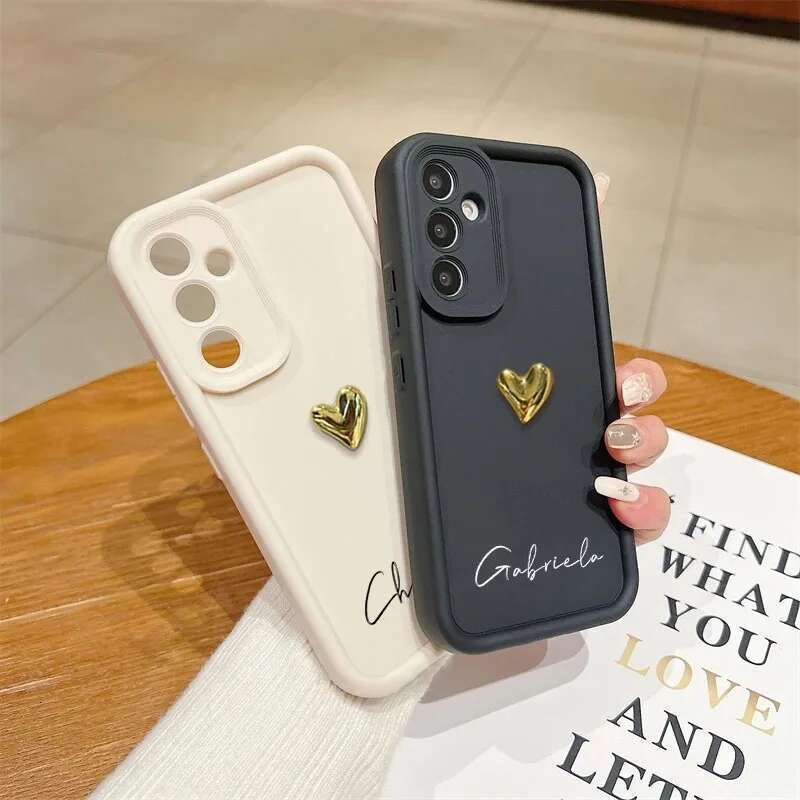 Personalized Customized Name Silicone 3D Gold Heart Case For Samsung Galaxy S25 S24 S23 S22 S21 S20 FE Ultra Plus Soft DIY Cover