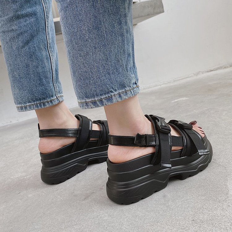Aphixta 8cm platform sandals womens wedge high heels womens buckle leather canvas summer Zapatos unprinted wedge womens sandals 250228