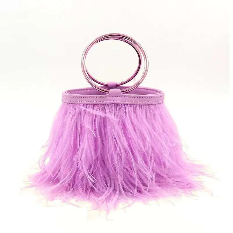 Metal Ring Handle Bucket Women's Handbag Fashion Ostrich Feather Evening Wedding Party Clutch Purse Shoulder Bag