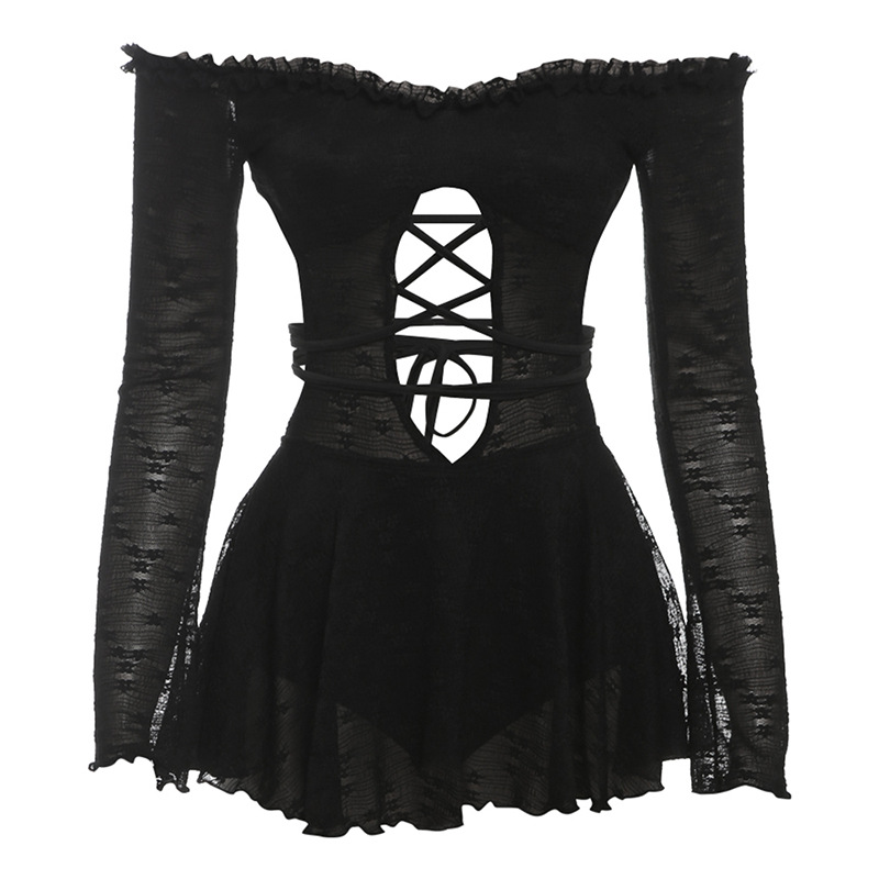 Sexy Slash Neck Backless Dress Women Thin Bandage Hollow Out Lace Birthday Party Stretch Jacquard Mini Bodycon Clothes
