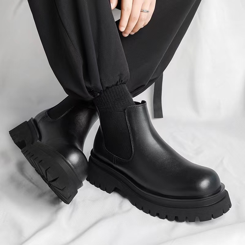 Men's 2025 PU leather ankle boots men's punk thick sole anti slip combat New black retro British style versatile shoes