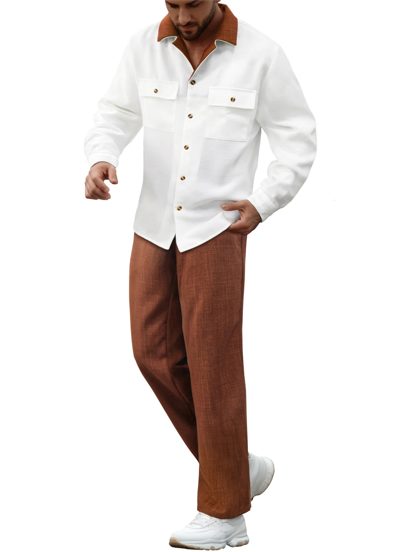 Two piece simulated cotton blocking suit collar long sleeved shirtstraight casual pants set 250430Z