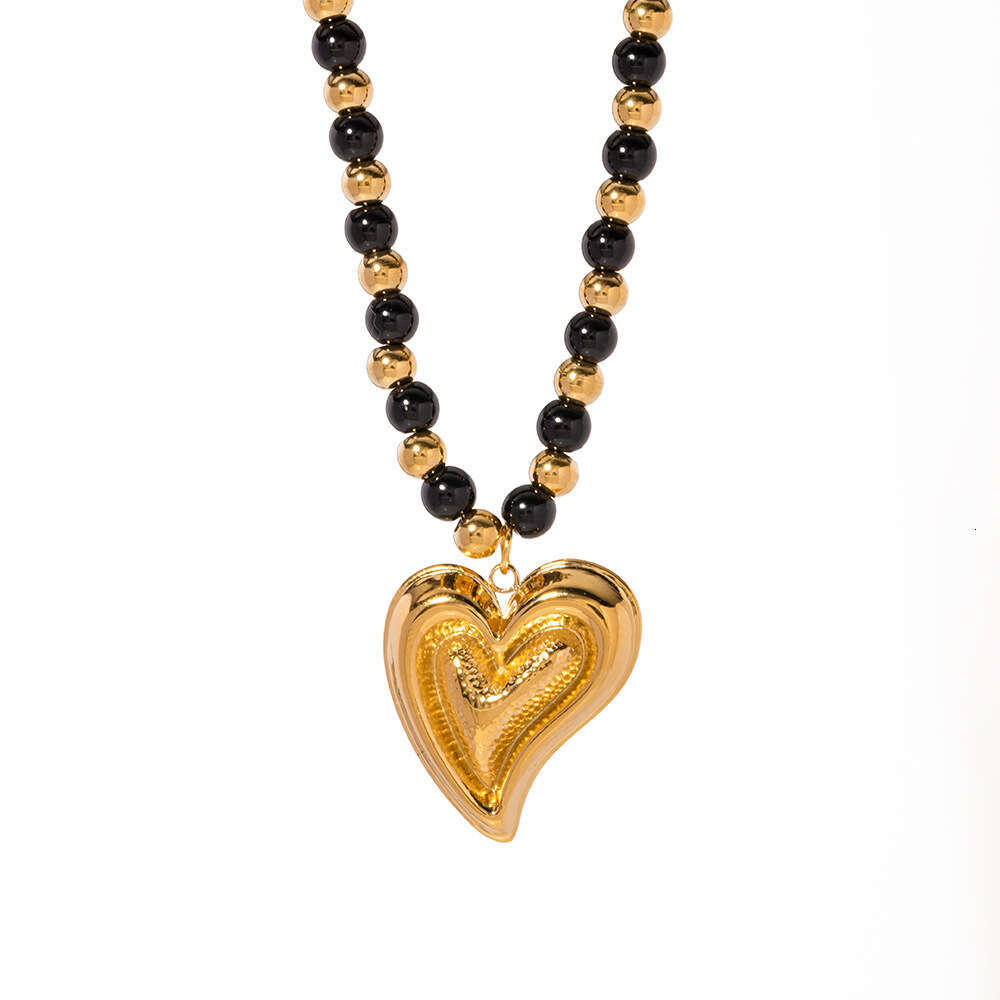 WX Designer's New Gold Stainless Steel Half Three Dimensional Love Pendant Black Agate Beaded Necklace