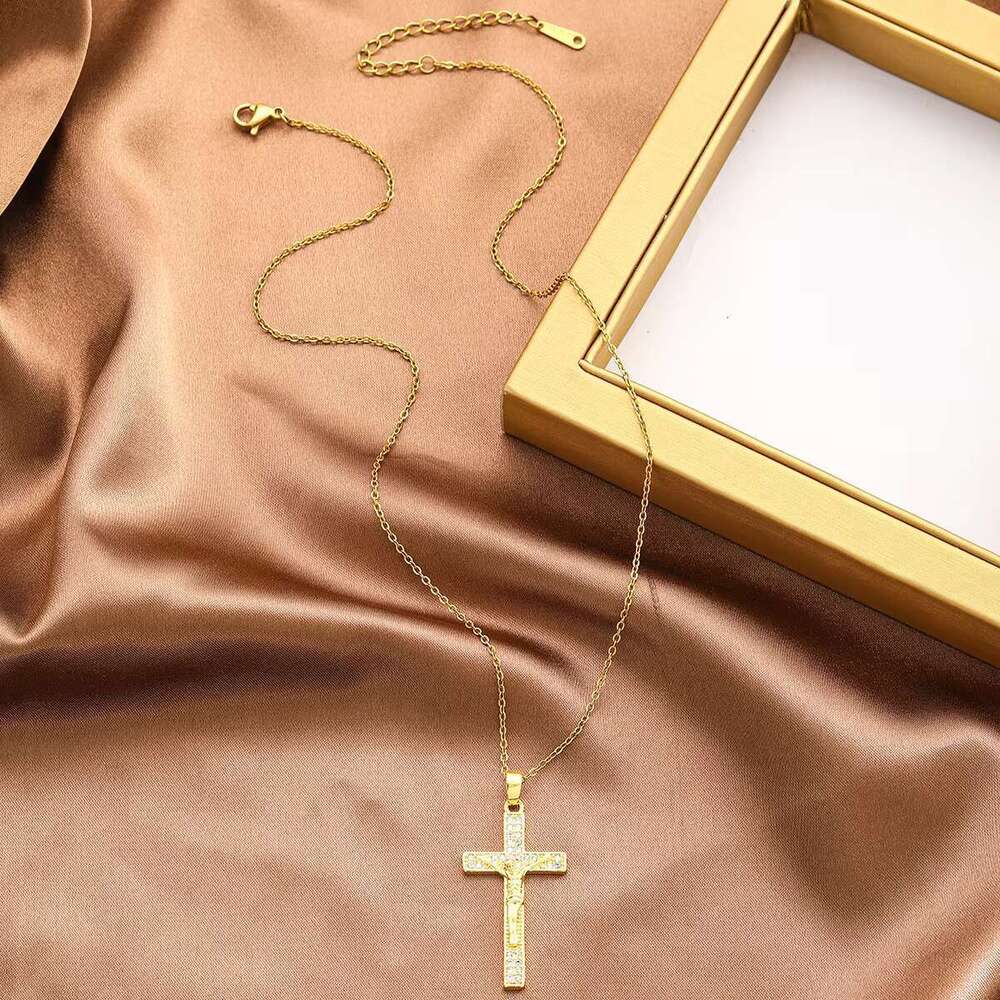 DHCollections Retro Religious Style Stainless Steel Inlaid Zircon Cross Bitter Frame Nailed Portrait Pendant Necklace for Unisex