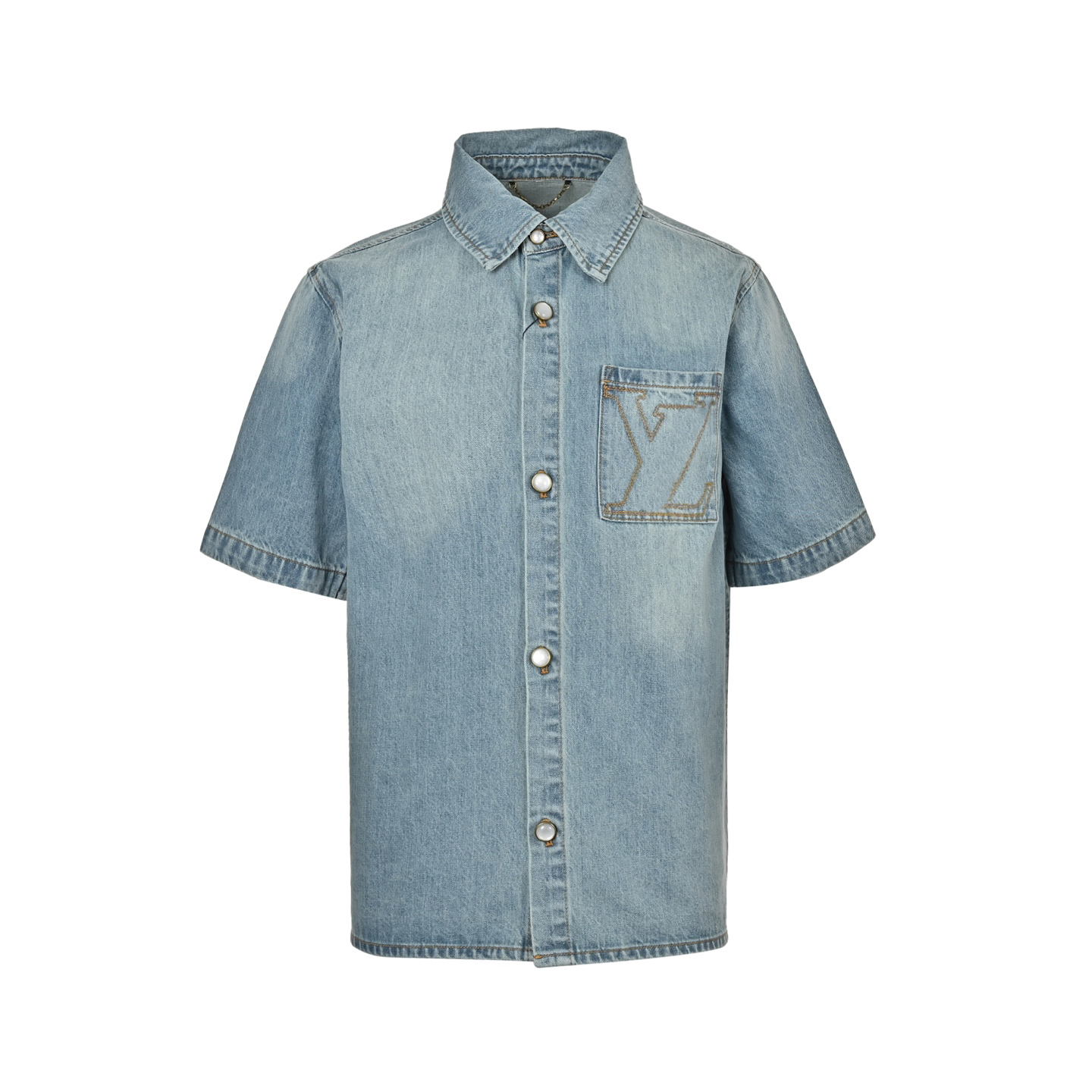 Pocket embroidered denim short sleeve shirt with light blue gradient denim wash water pearl button with worn base for men and women