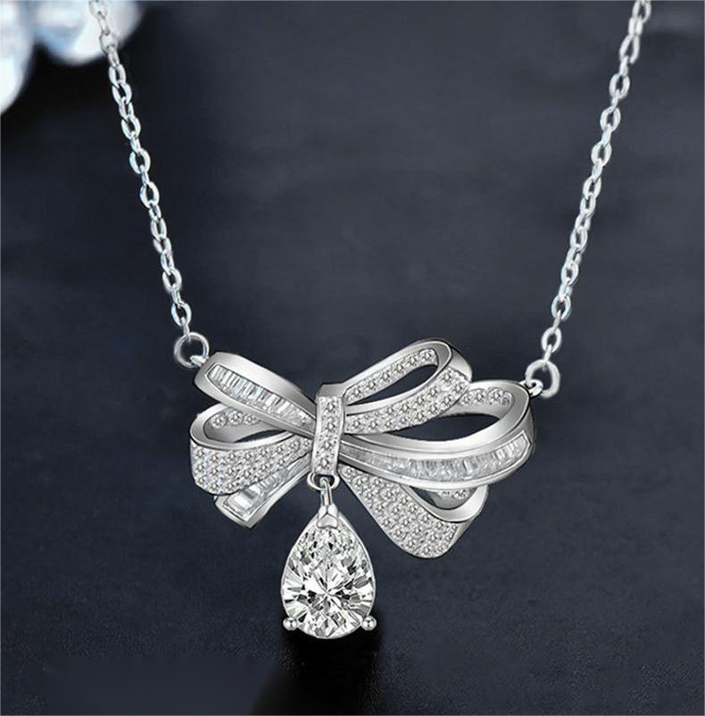 Elegant Bowknot Moissanite Necklace with Teardrop Pendant, S925 Sterling Silver Chain for Women, Romantic Gift for Qixi or Anniversary