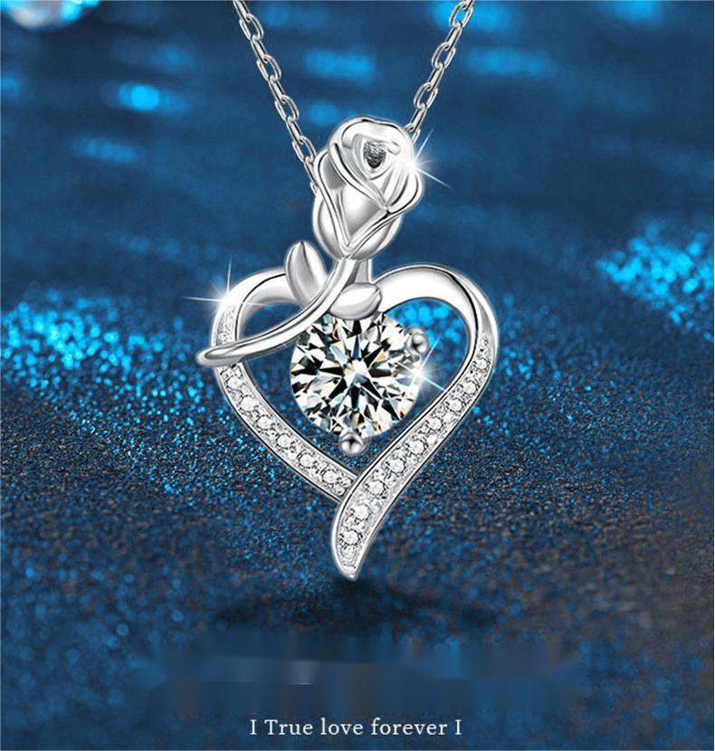 925 Sterling Silver Heart Shaped Rose Pendant Necklace for Women with Moissanite Diamond - High-End Look