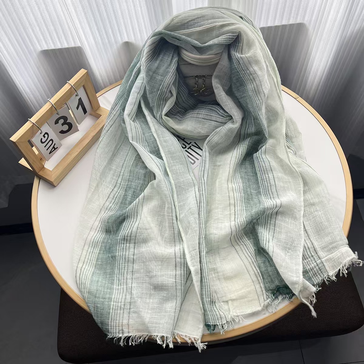 T647 Spring and Autumn Korean Cotton and Linen Scarf Women's Wide Stripes Literary Tassel Shawl Temperament Easy to Wear Scarf
