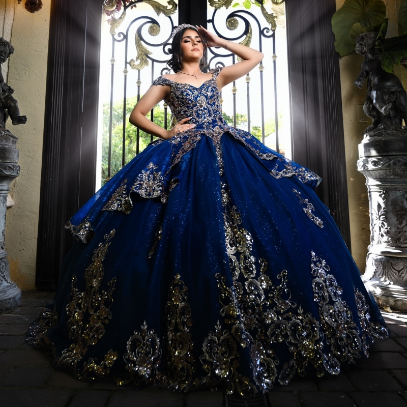 Royal Blue Shiny Quinceanera Dresses Off Shoulder Ball Gown Sweet 16 Dress Gold Applique Lace Beading Tull Birthday Party Vestidos 15 Anos