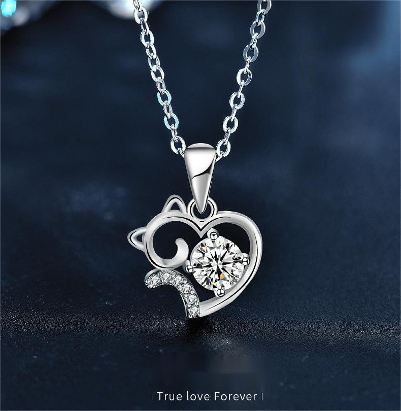 Cute Cat Heart Pendant 925 Silver Moissanite Necklace for Women Romantic Gift Minimalist Jewelry for Girlfriend Birthday Surprise