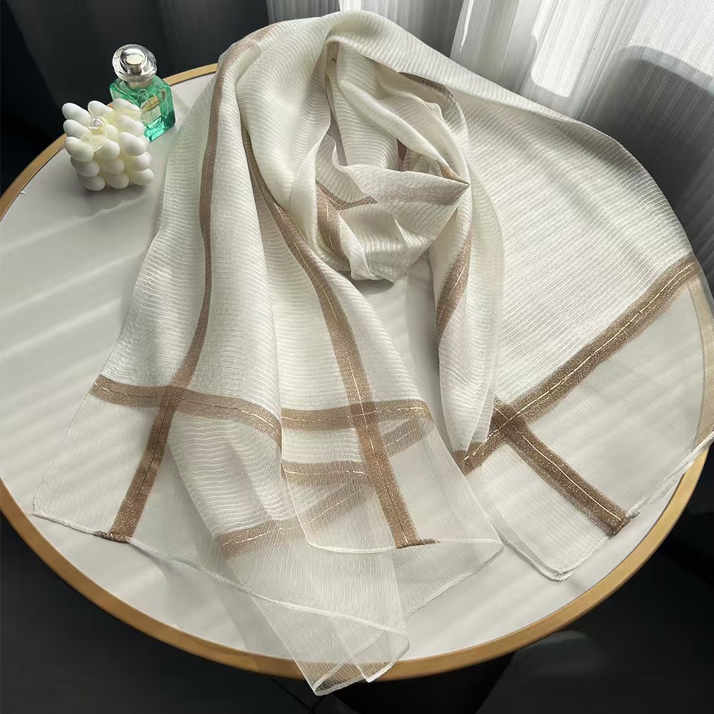 T648 mulberry silk border wide gold edge silk scarf plaid tie bag scarf sunscreen scarf high-end