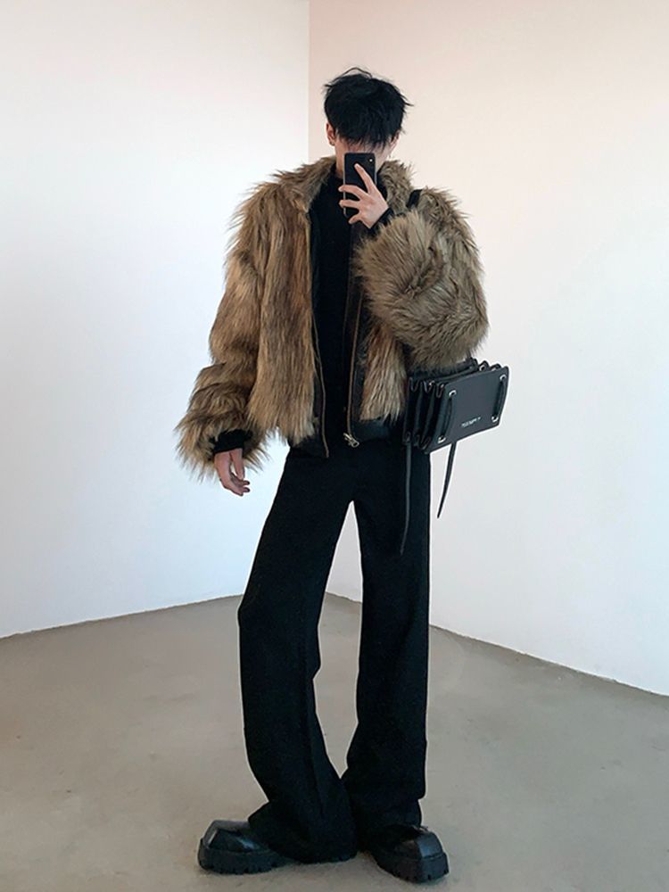 Mens Jackets Hip Hop PU Leather Jacket Handsome Mens Fur One-Piece Imitation Fur Jacket