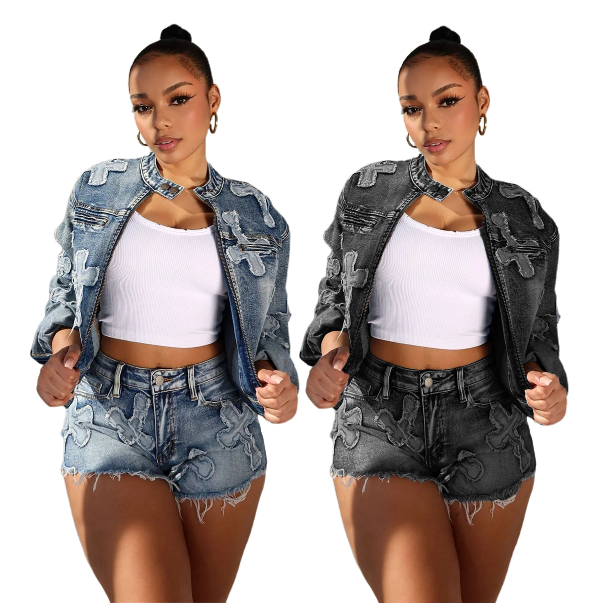 CNLONGBIDA Womens Tracksuits Sexy Denim Jean 2 Piece Matching Pant Set Outfits Summer Women Clothes Y2K Biker Shorts Suits Sets Cropped Tops