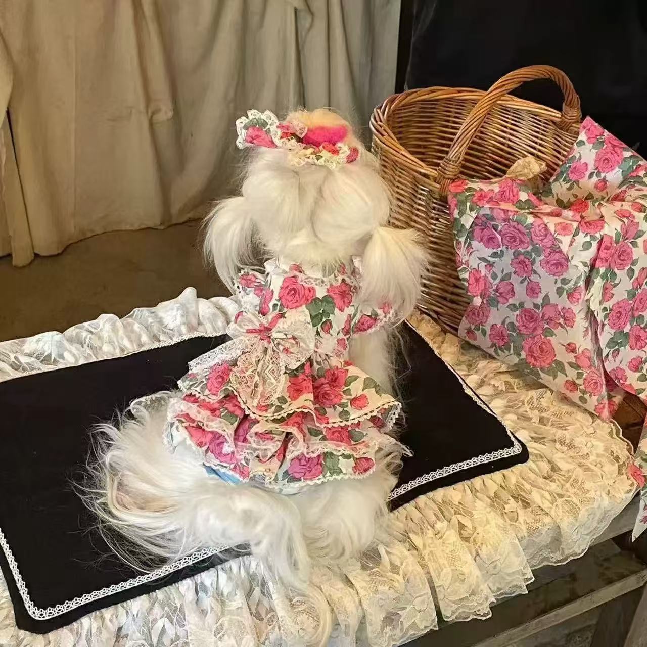 T00157 Korean Spring and Summer Rose Dress Pet Cat Dog Yorkshire Maltese Clothes