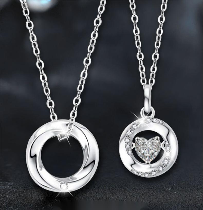 Couple Moissanite Pendant Necklaces in S925 Sterling Silver, Heart and Circle Design, Dainty Love Jewelry for Anniversary or Valentine's Gift