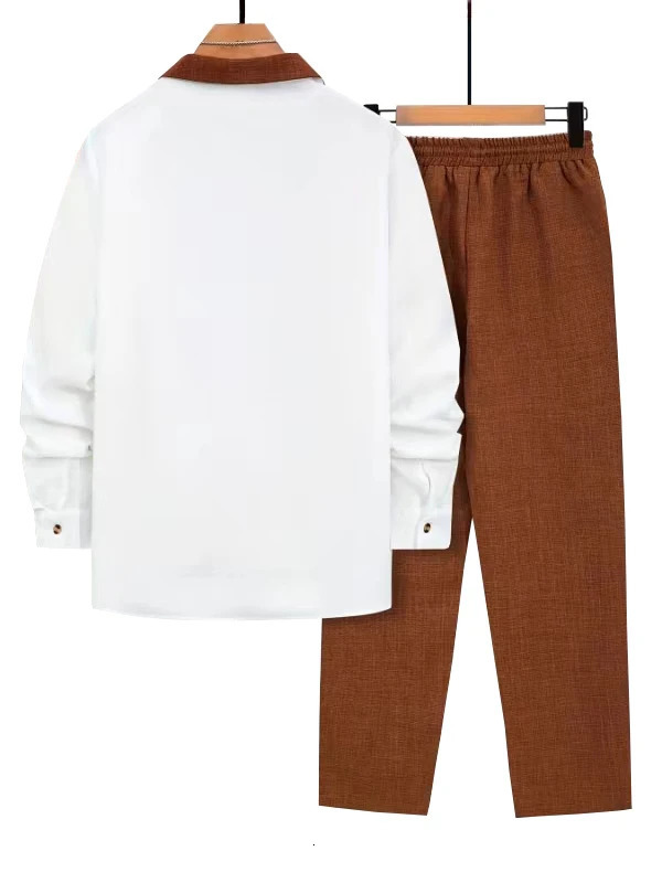 Two piece simulated cotton blocking suit collar long sleeved shirtstraight casual pants set 250430Z