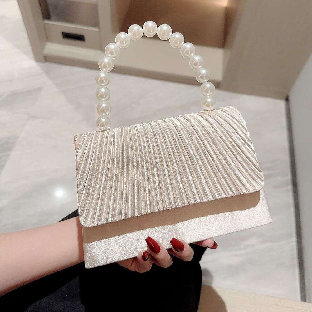 Dinner Bag New Satin Banquet Pearl String Handbag Formal Dress Elegant Pleated Flap Bag Socialite Small Square Bag KQ