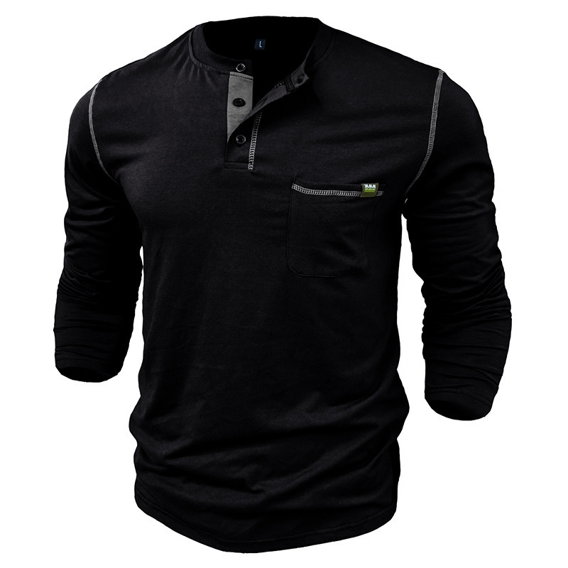 2024 men's long sleeved Henley shirt color blocked knit T-shirt for men