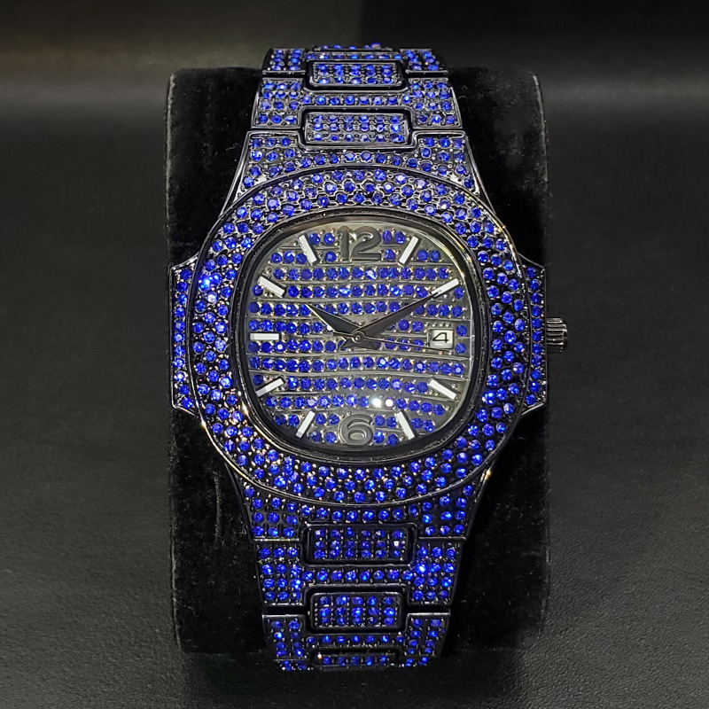 moissanite watch iced out watch mens watch purple blue color full diamond waterproof mens and womens watch rap hip-hop watch