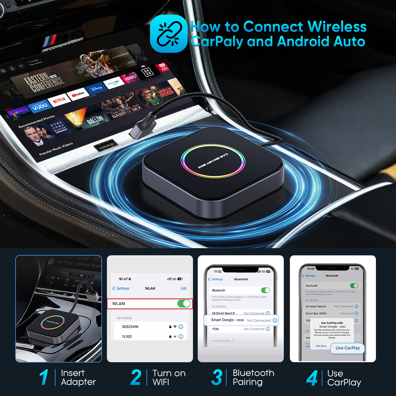 BY-961E Wireless CarPlay/Android Auto AI Box 4G LTE & Snapdragon 2290 Triple Satellite GPS Open Android 13 - Car AI box factory OEM