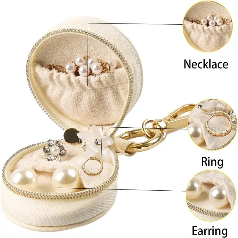 Mini Portable Jewelry Storage Bag Travel Organizer Round Leather Storage Case With Keychain Earrings Ring Jewelry Box Display 250506