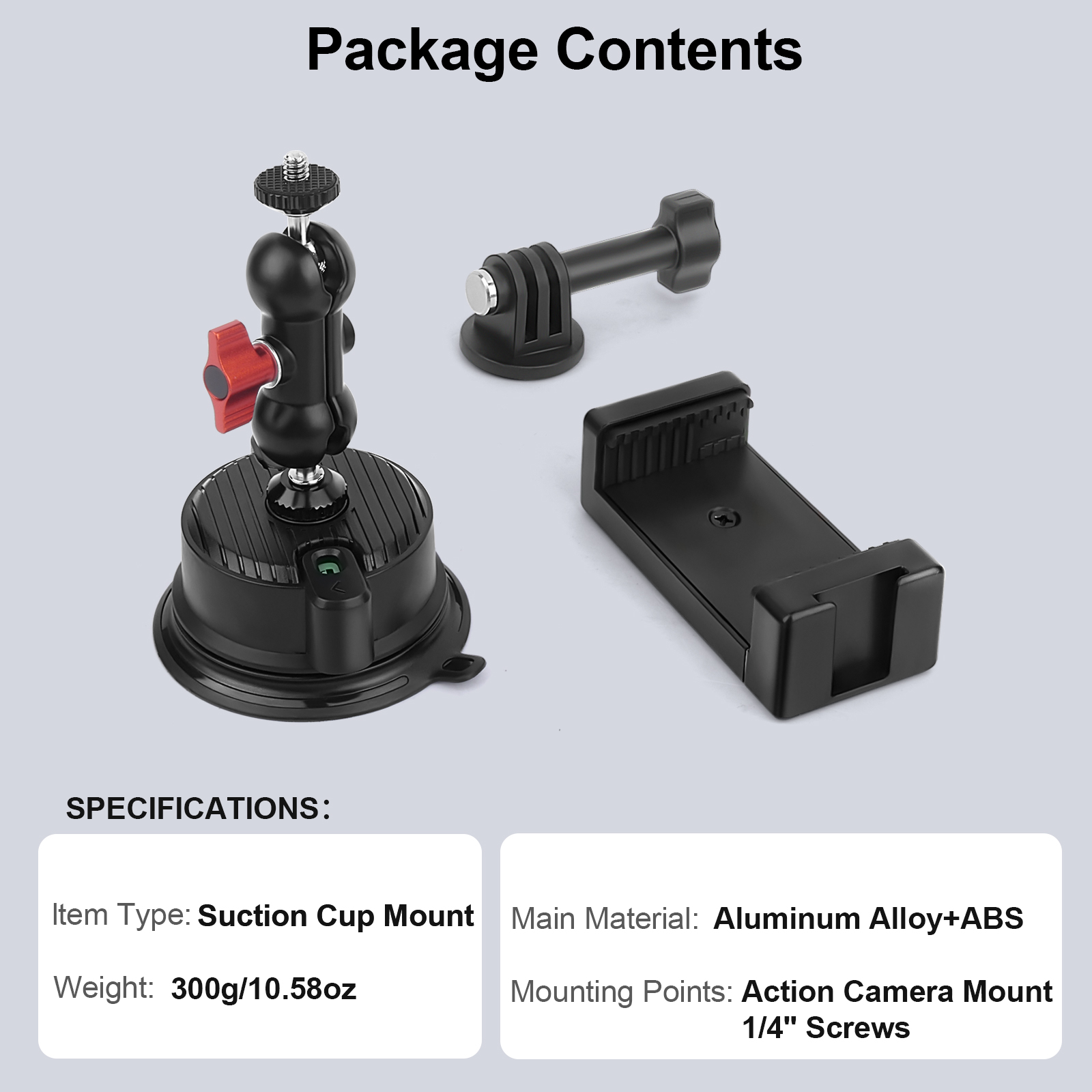 Suction Cup Car Mount with Phone Holder,360°Adjustable for Action Cameras & Smartphones,Dashboard,Boat Mount for Hero 13/12/11/10,DJI OSMO Action,Inst