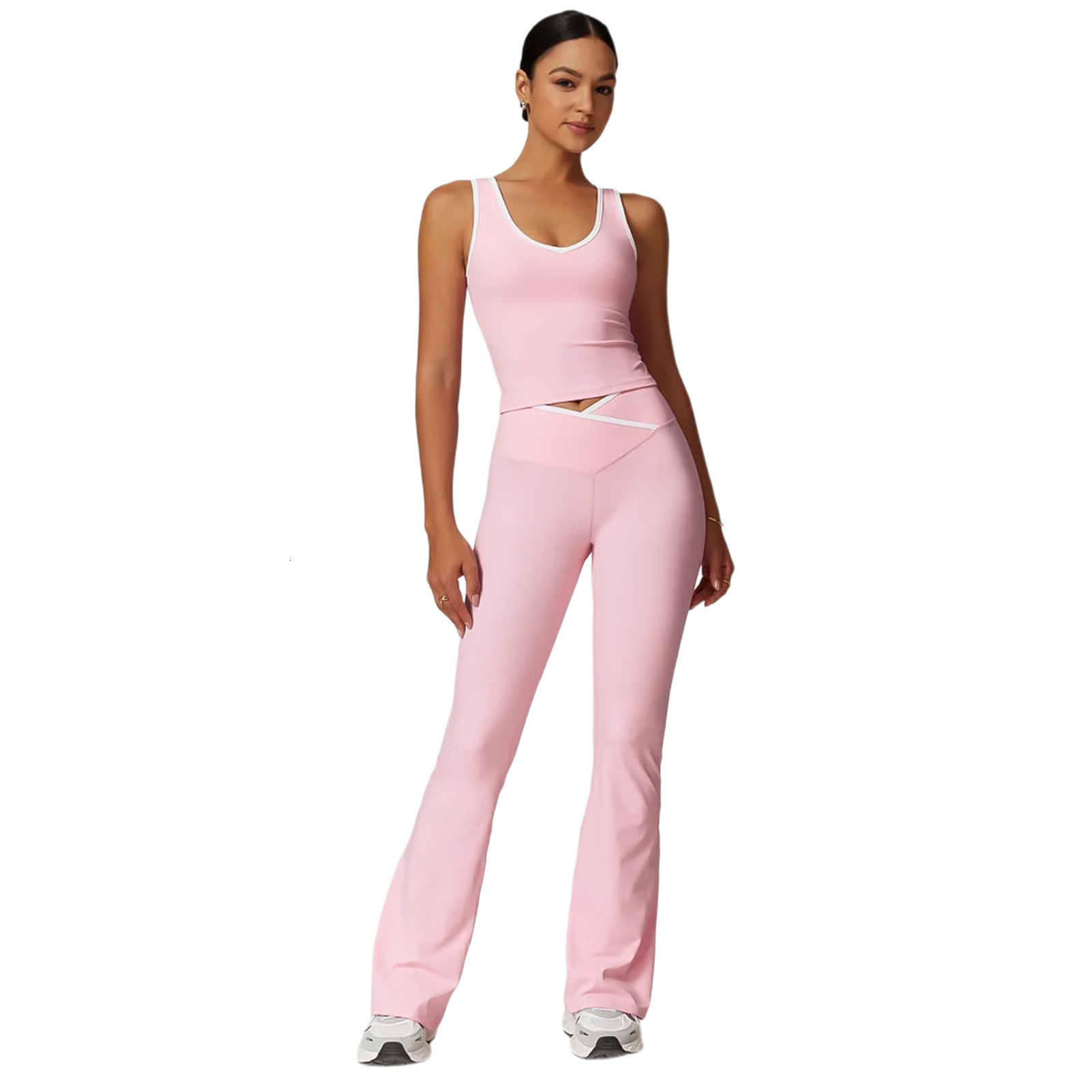 Womens Tracksuits Two Pieces Set 2025 New Contrasting Cross Flared Pants Nude Yoga Running Fitness Yoga Suit 4 Colors