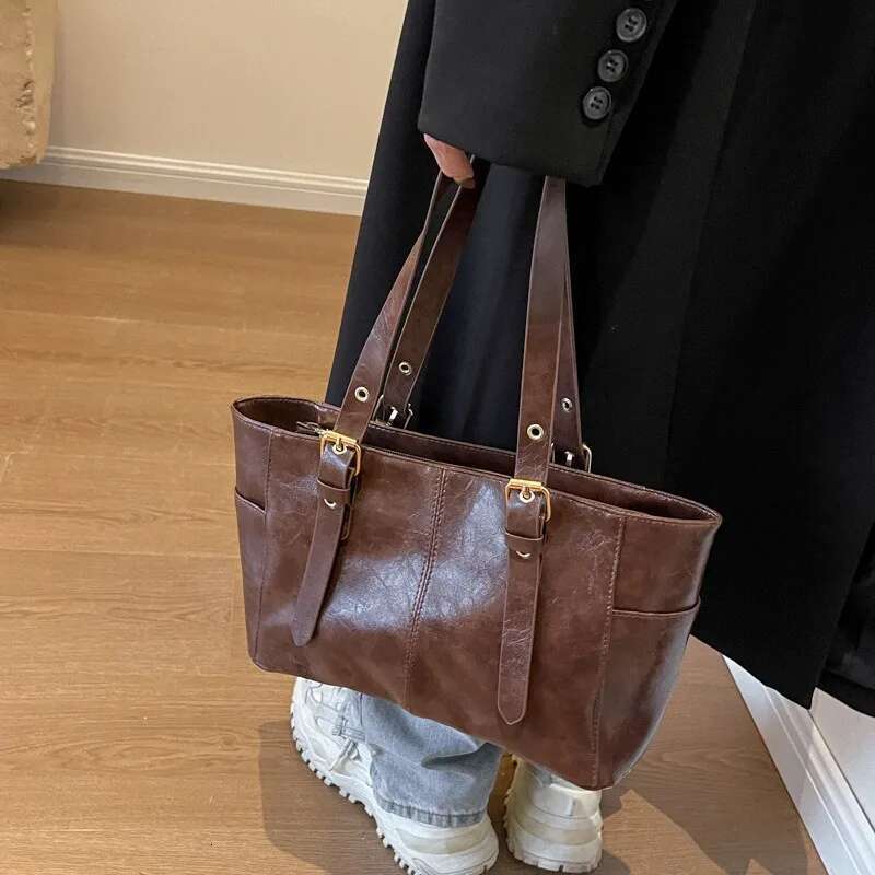 ddmy New Korean 2025 Retro PU Leather Chain Shoulder Bags Women Fashion Black Large Capacity Tote Bag Female High-quality Handbags