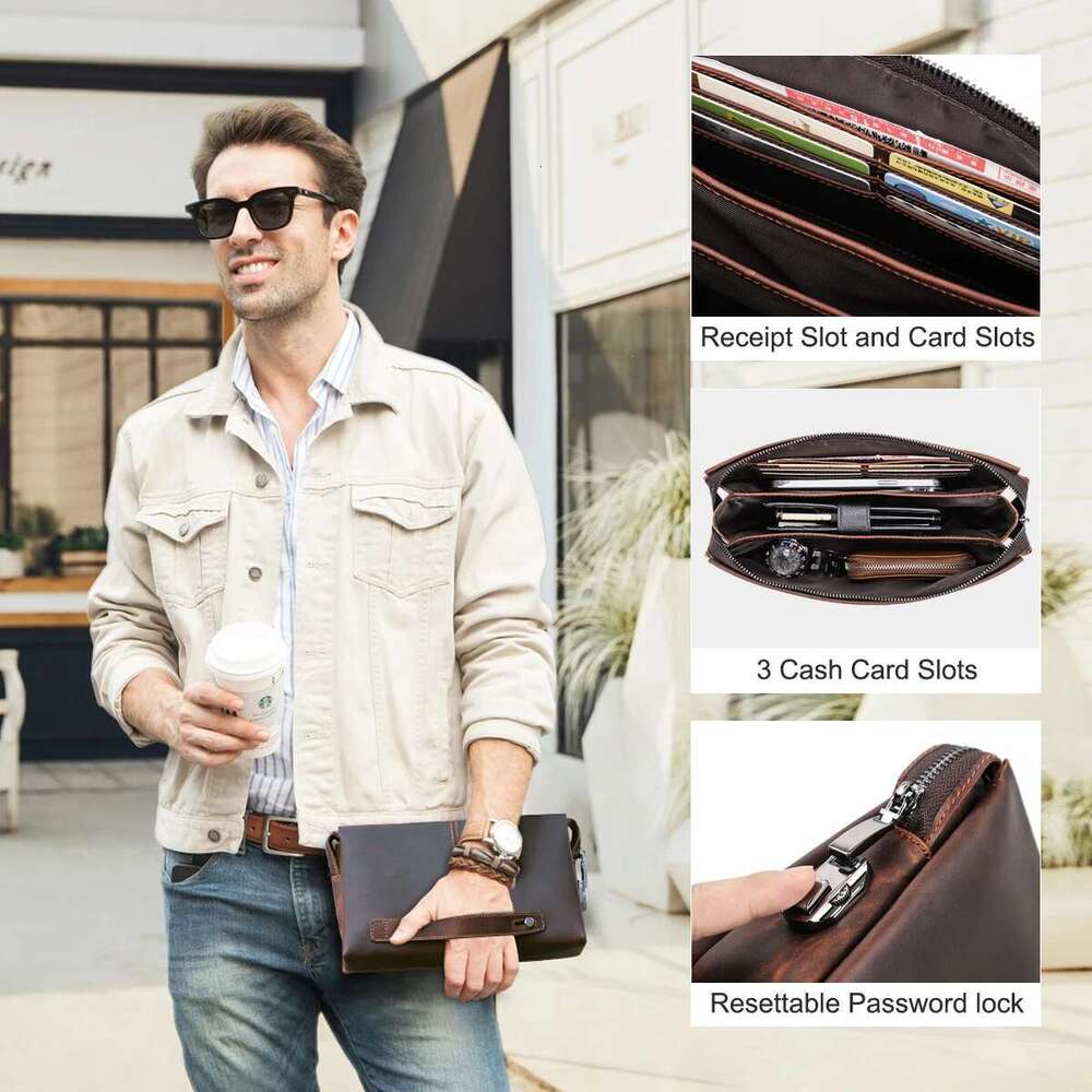 Vintage Genuine Leather Men's Wallet Password Lock Clutch Bag For Men Card Holder Long Wallets Handbag Large Capacity Male Purse