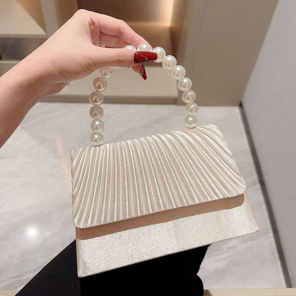 Dinner Bag New Satin Banquet Pearl String Handbag Formal Dress Elegant Pleated Flap Bag Socialite Small Square Bag KQ