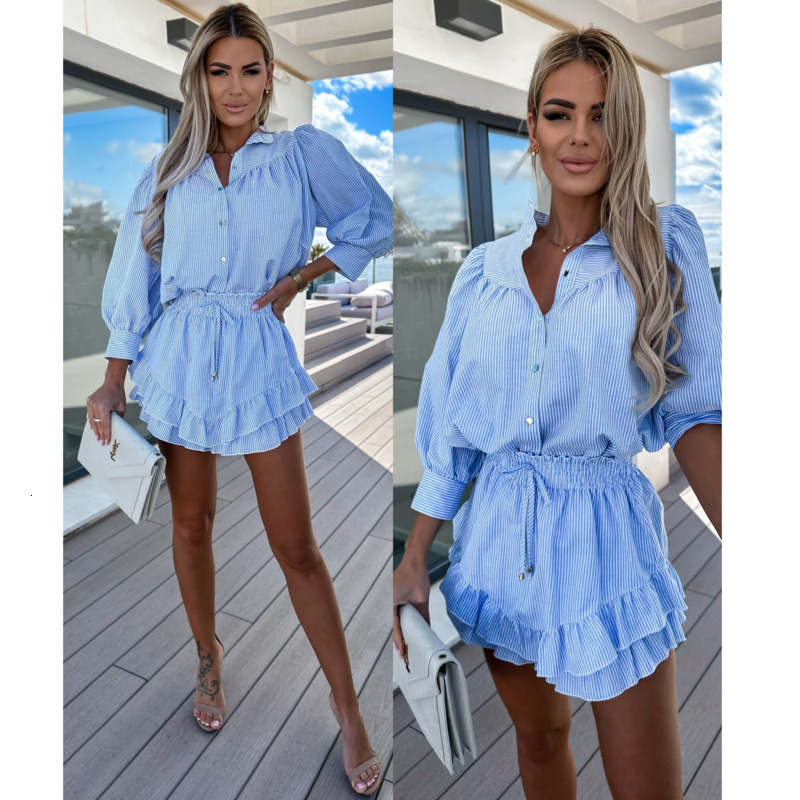 Womens Shirt Short Outfits New Ins Casual Fashion Stripe Shirt Two Piece Set